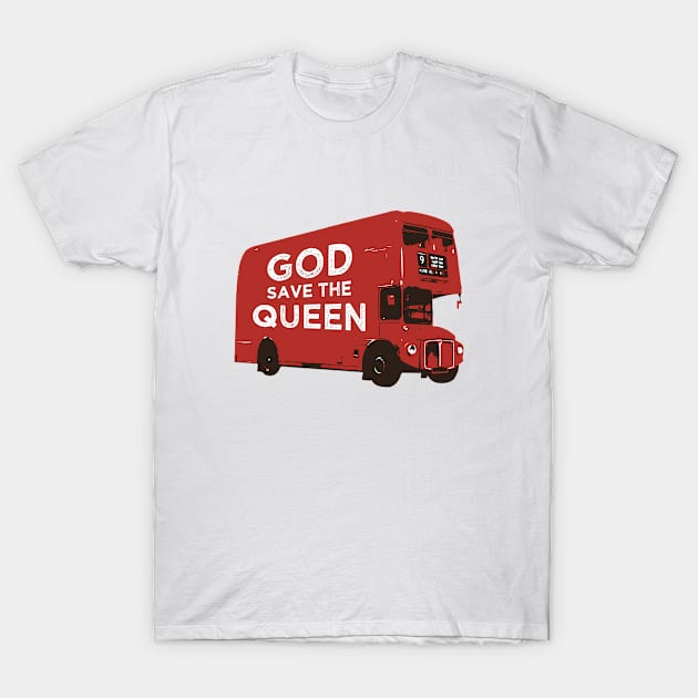 God save the Queen design on a red London bus T-Shirt by TompasCreations